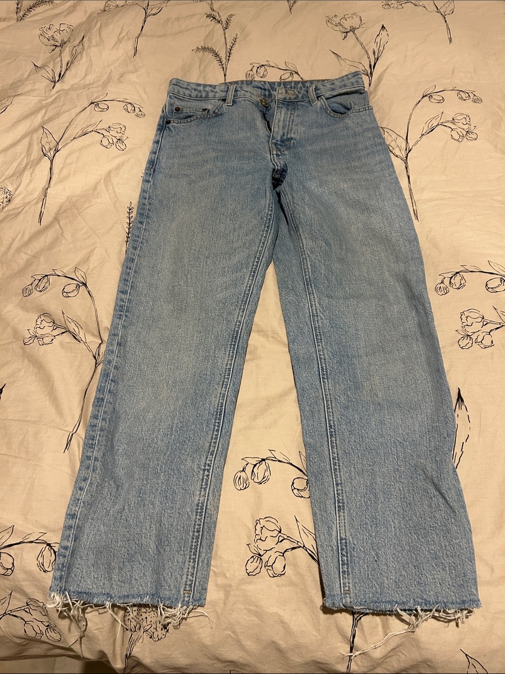 Topshop Light Blue Straight Jeans with Raw Hem